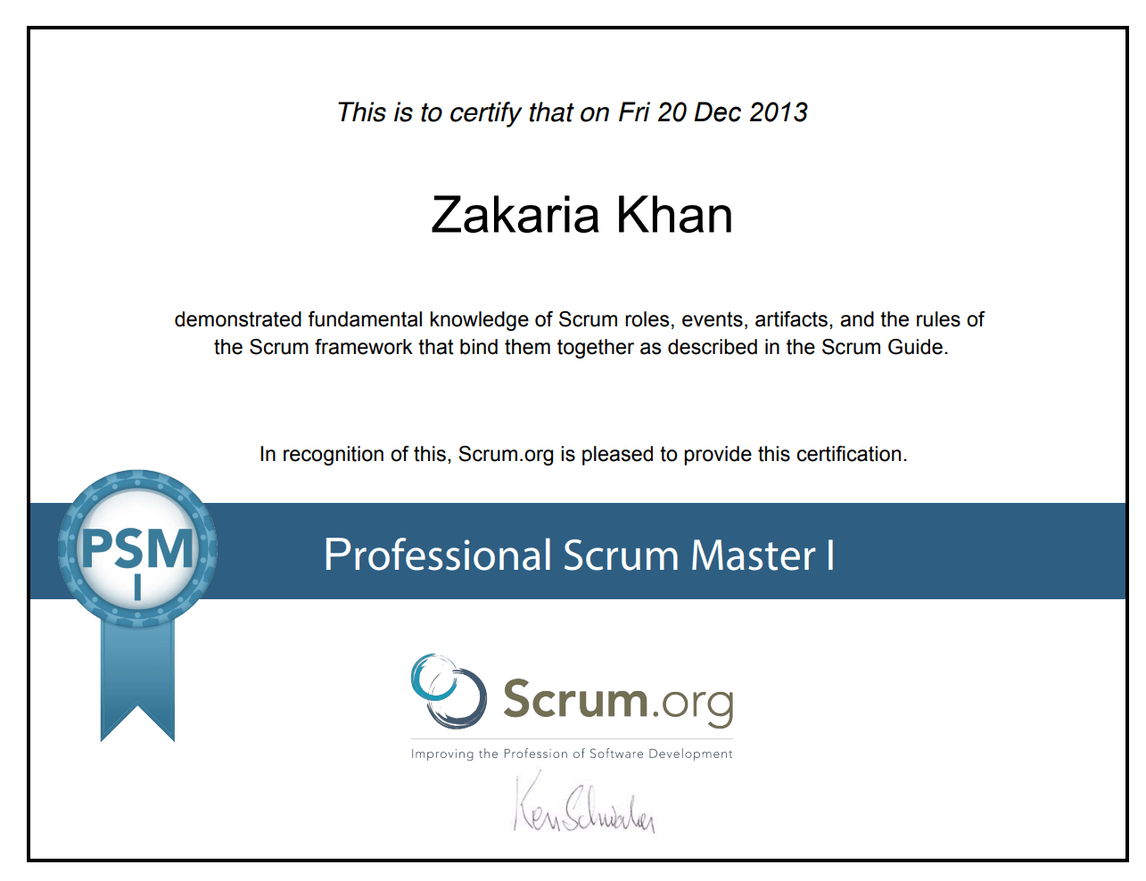 PSM-1 Certification Zakaria Khan